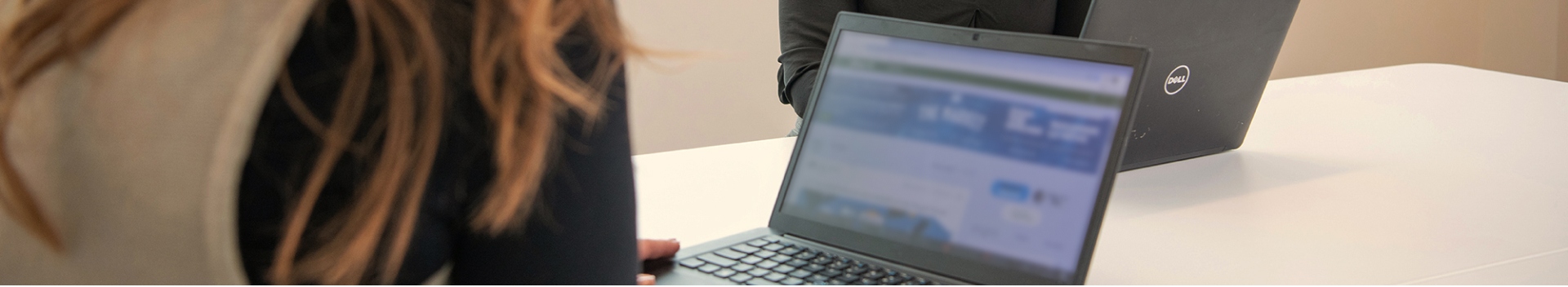 In this image, a woman working on the laptop.