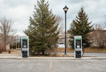 A picture of two EV chargers in the parking lounge.