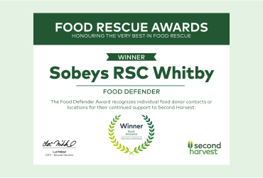 Text reading, " Food rescue awards, Honouring the very best in food rescue, Winner Sobeys RSC Whitby. Food defender."