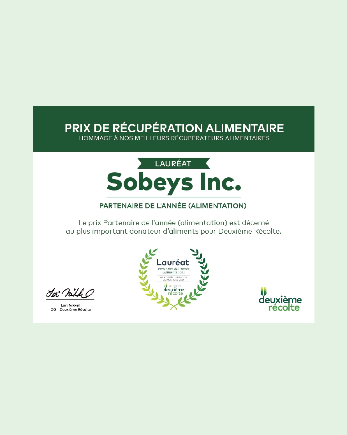 Text reading, " Food rescue awards, honouring the very best in food rescue, winner sobeys RSC whitby. food defender."