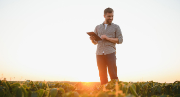 Two men are standing in a green crop field under a clear sky. One man is showing something on a tablet to the other man.